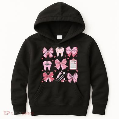 Coquette Bow Cute Teeth Dentist Squad Dental Assistant Kids Hoodie