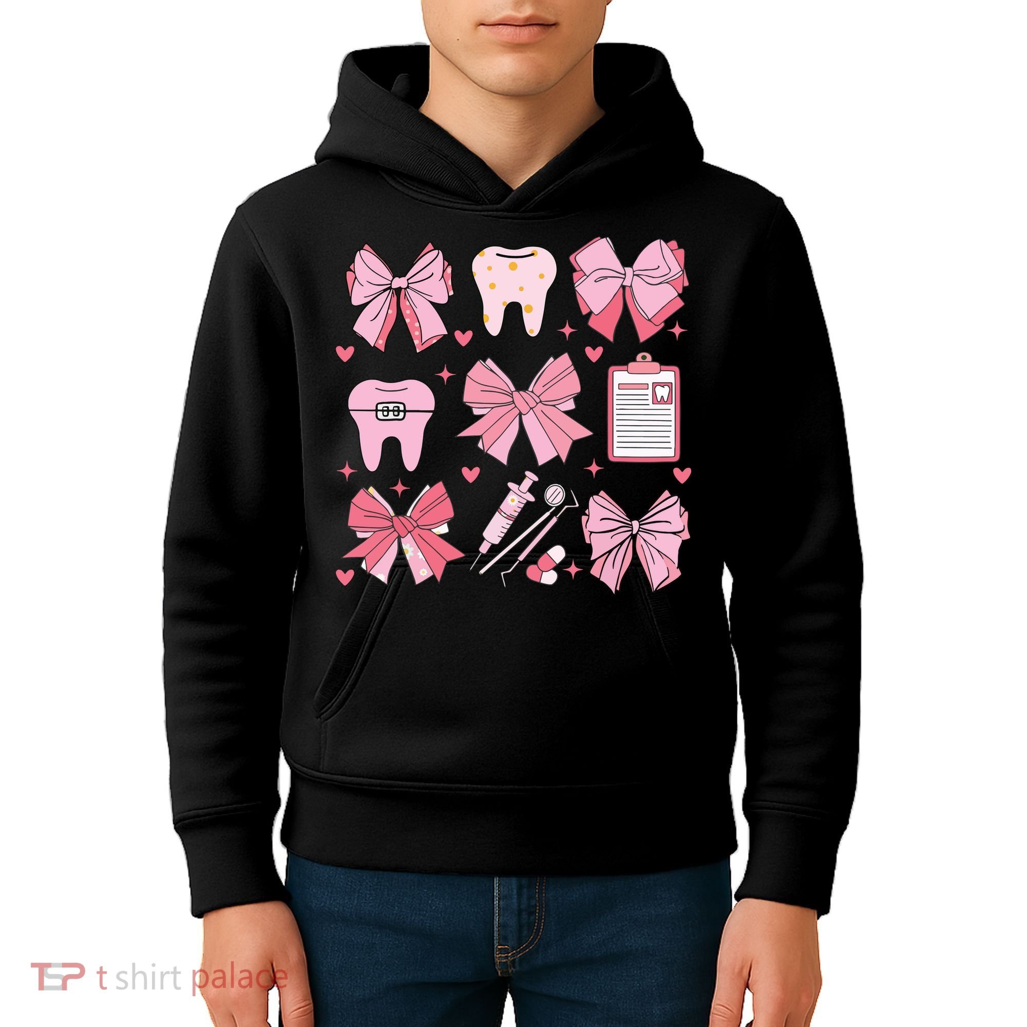 Coquette Bow Cute Teeth Dentist Squad Dental Assistant Kids Hoodie