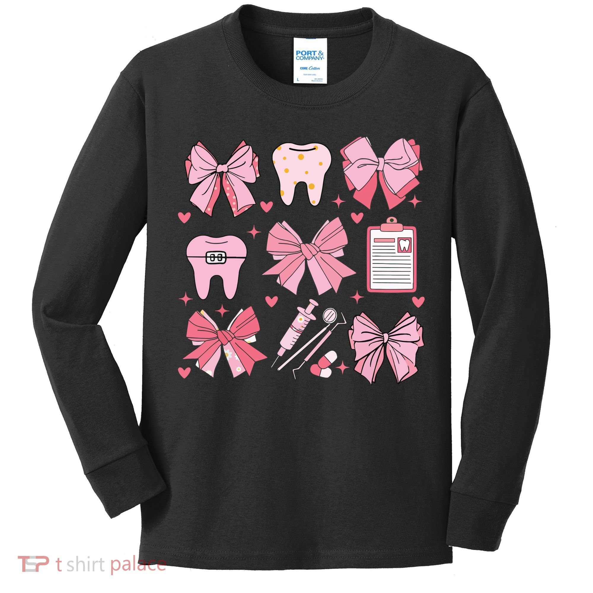 Coquette Bow Cute Teeth Dentist Squad Dental Assistant Kids Long Sleeve Shirt