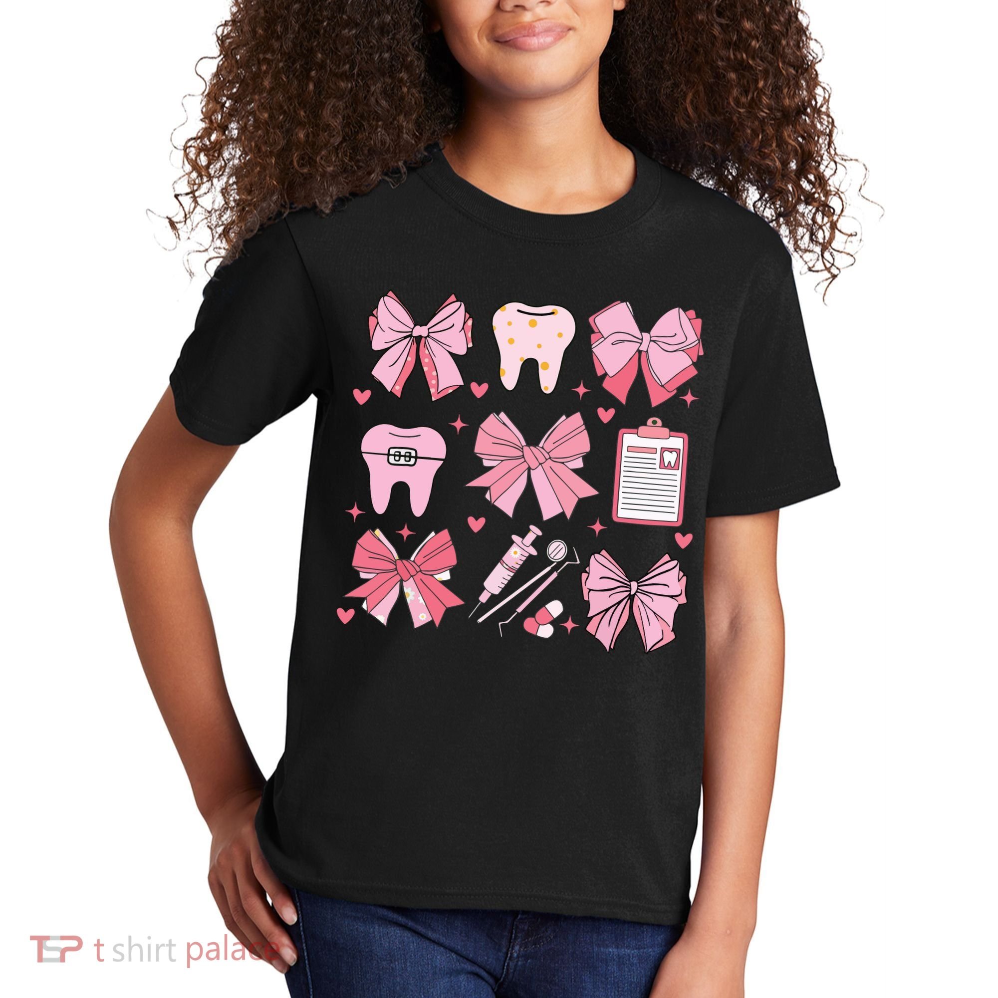 Coquette Bow Cute Teeth Dentist Squad Dental Assistant Kids T-Shirt