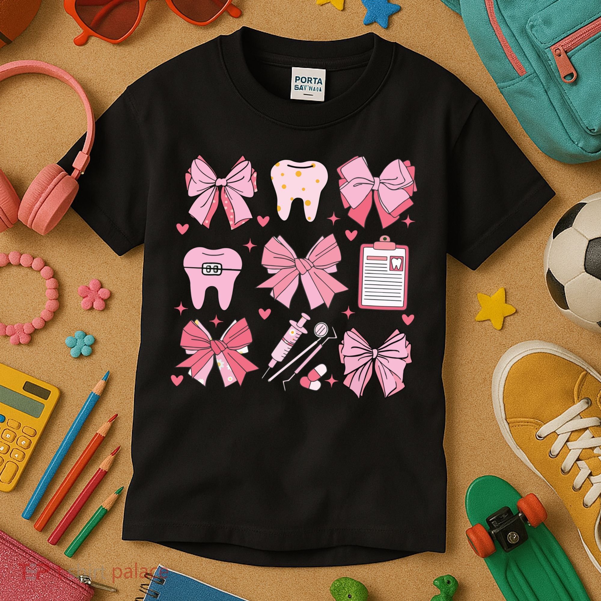 Coquette Bow Cute Teeth Dentist Squad Dental Assistant Kids T-Shirt