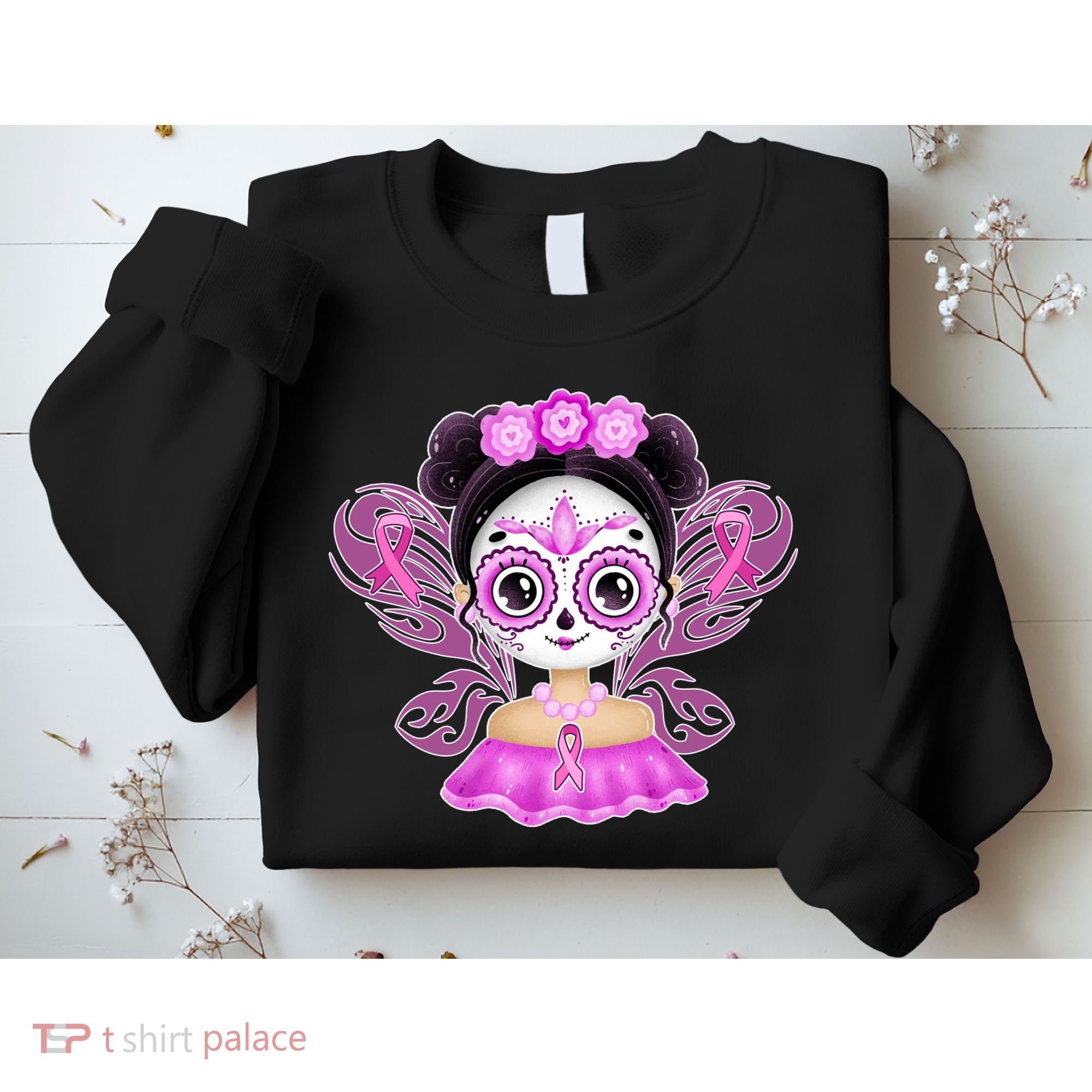 Cute Breast Cancer Awareness Sugar Skull Girl Sweatshirt