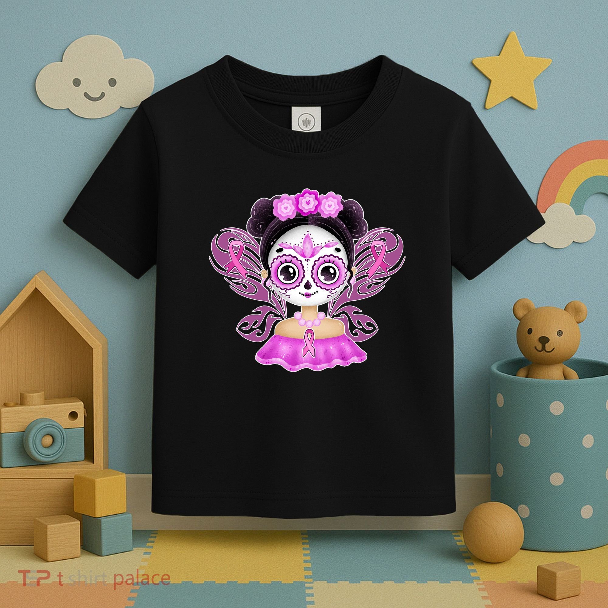 Cute Breast Cancer Awareness Sugar Skull Girl Toddler T-Shirt