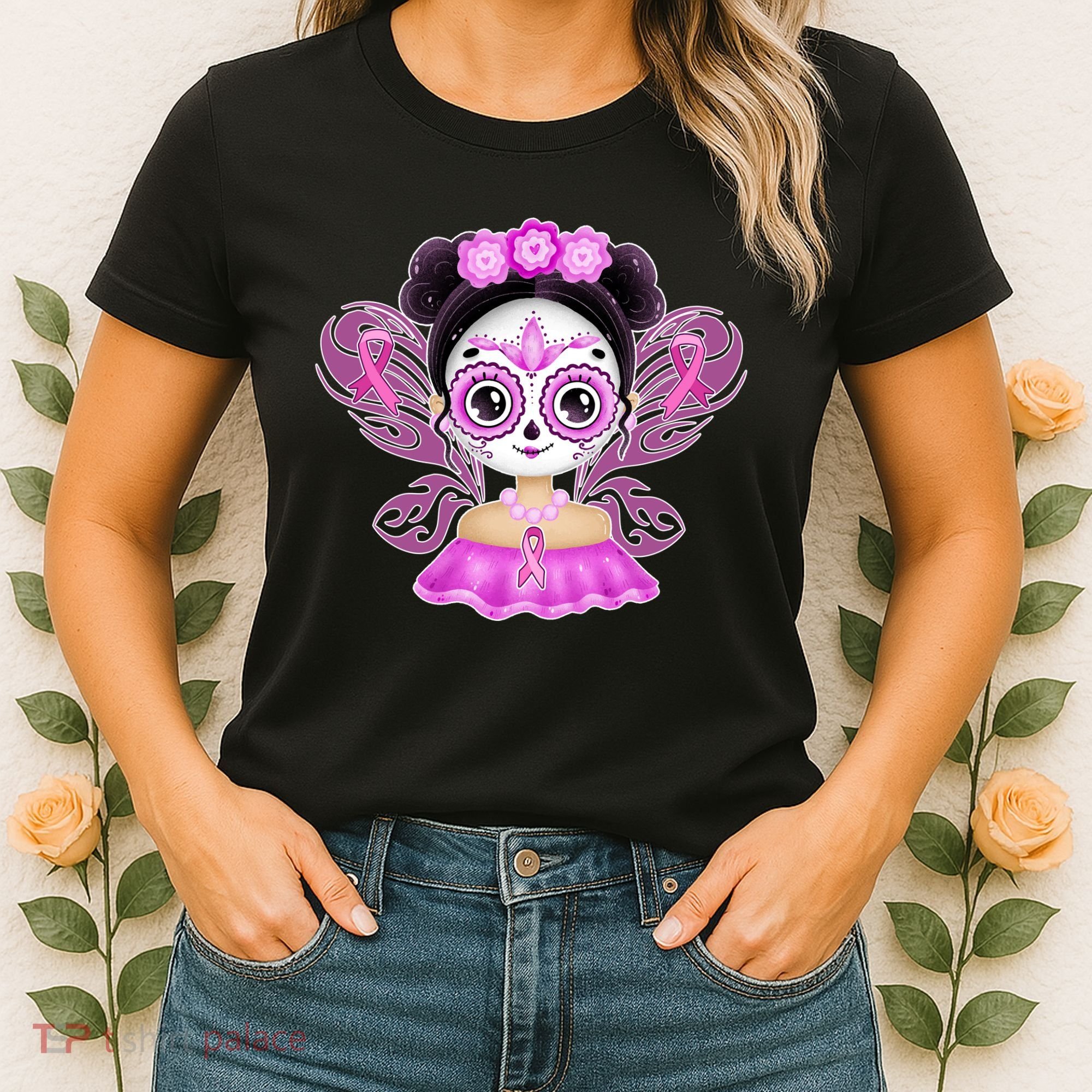 Cute Breast Cancer Awareness Sugar Skull Girl Women's T-Shirt