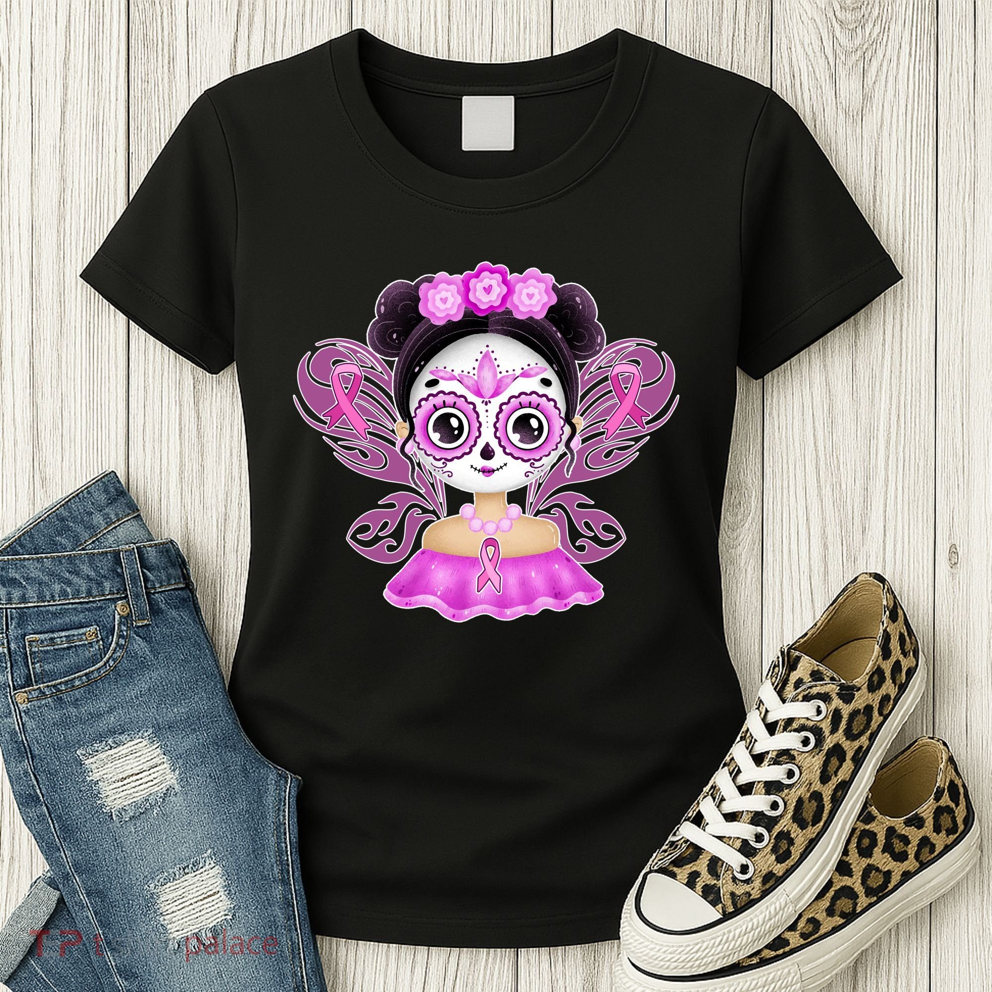 Cute Breast Cancer Awareness Sugar Skull Girl Women's T-Shirt