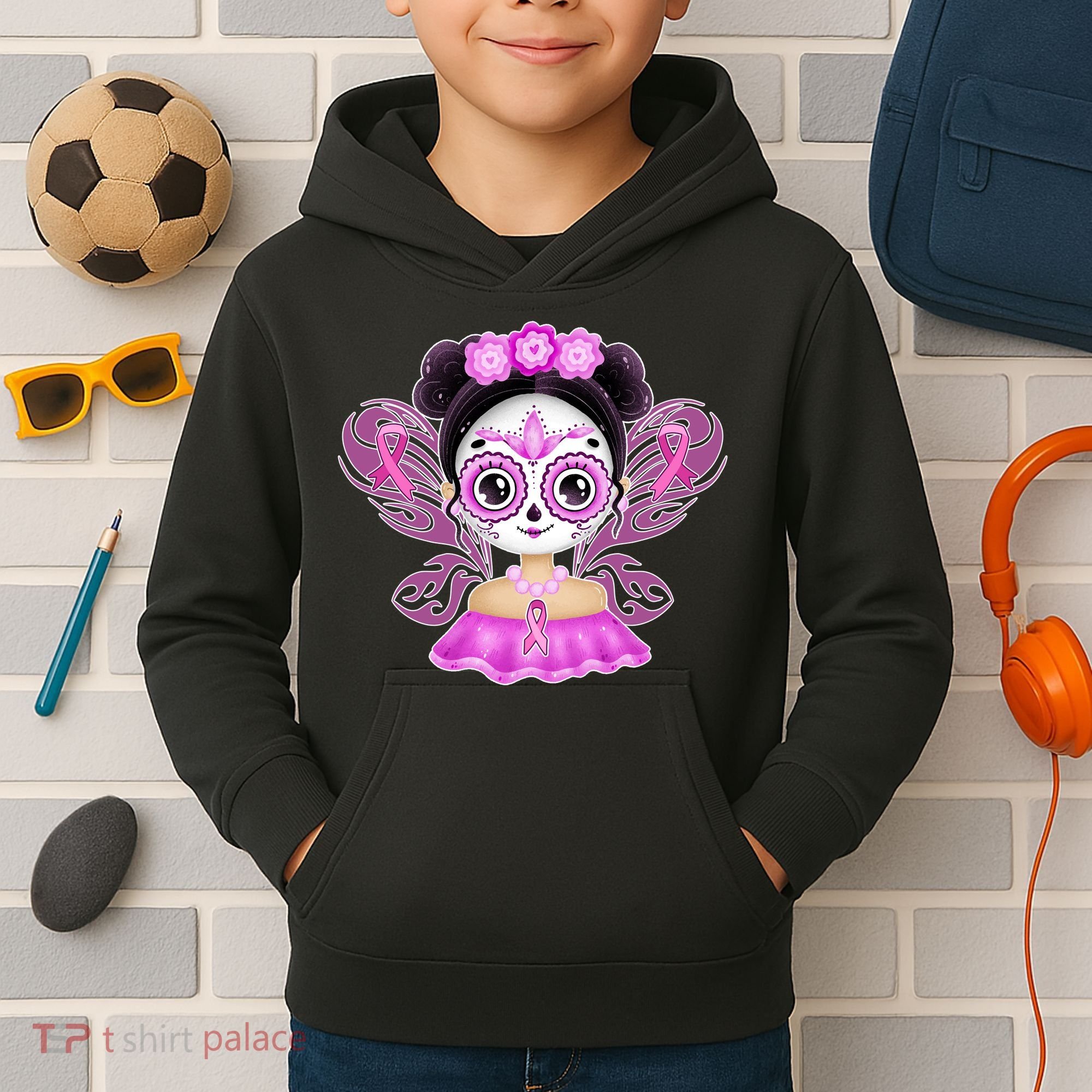 Cute Breast Cancer Awareness Sugar Skull Girl Kids Hoodie