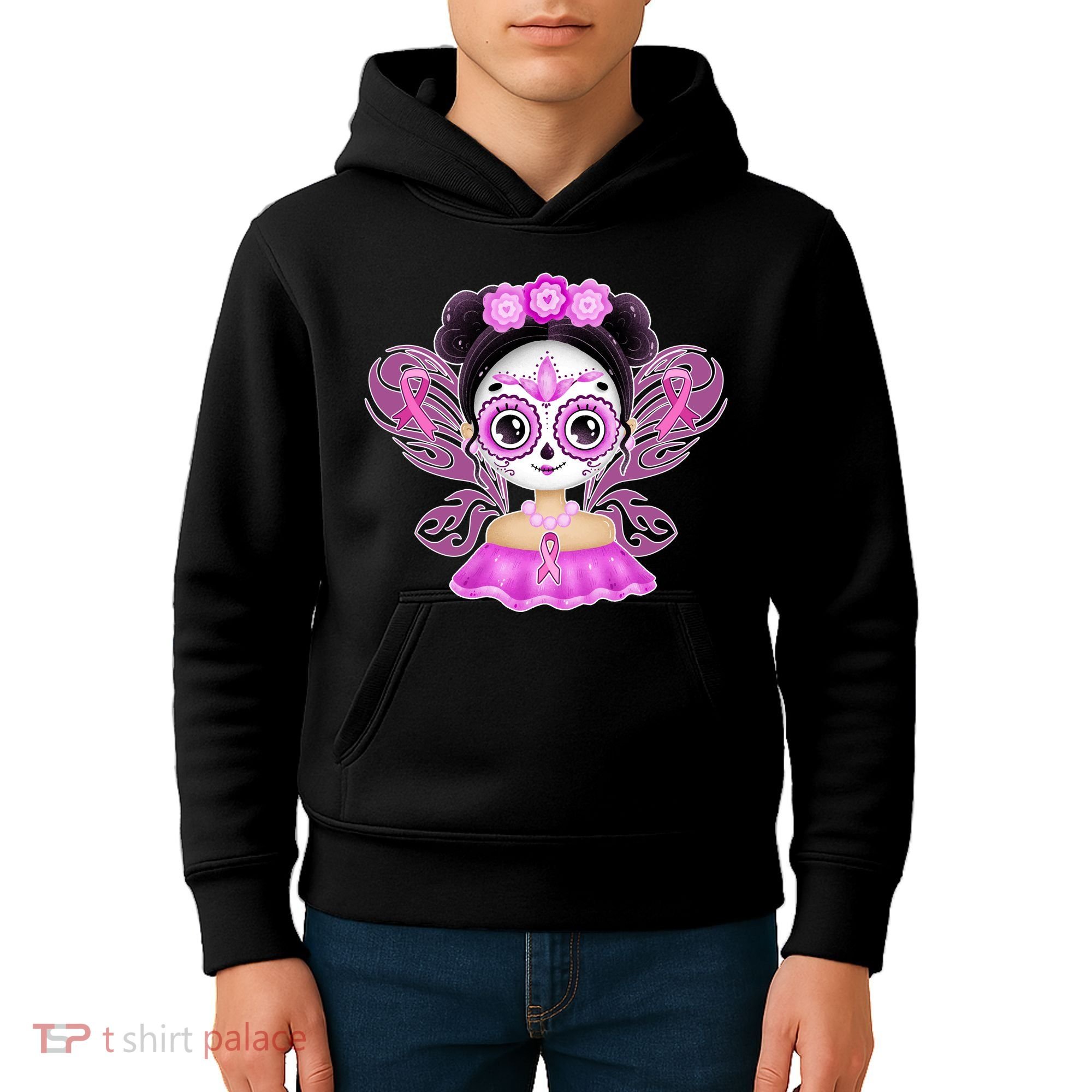 Cute Breast Cancer Awareness Sugar Skull Girl Kids Hoodie