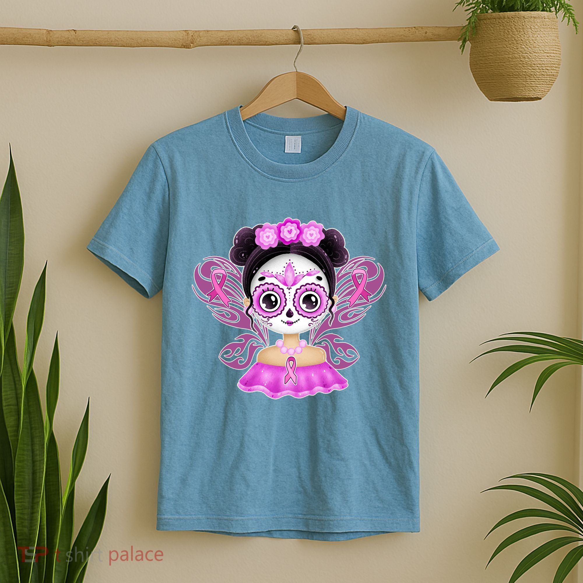 Cute Breast Cancer Awareness Sugar Skull Girl T-Shirt