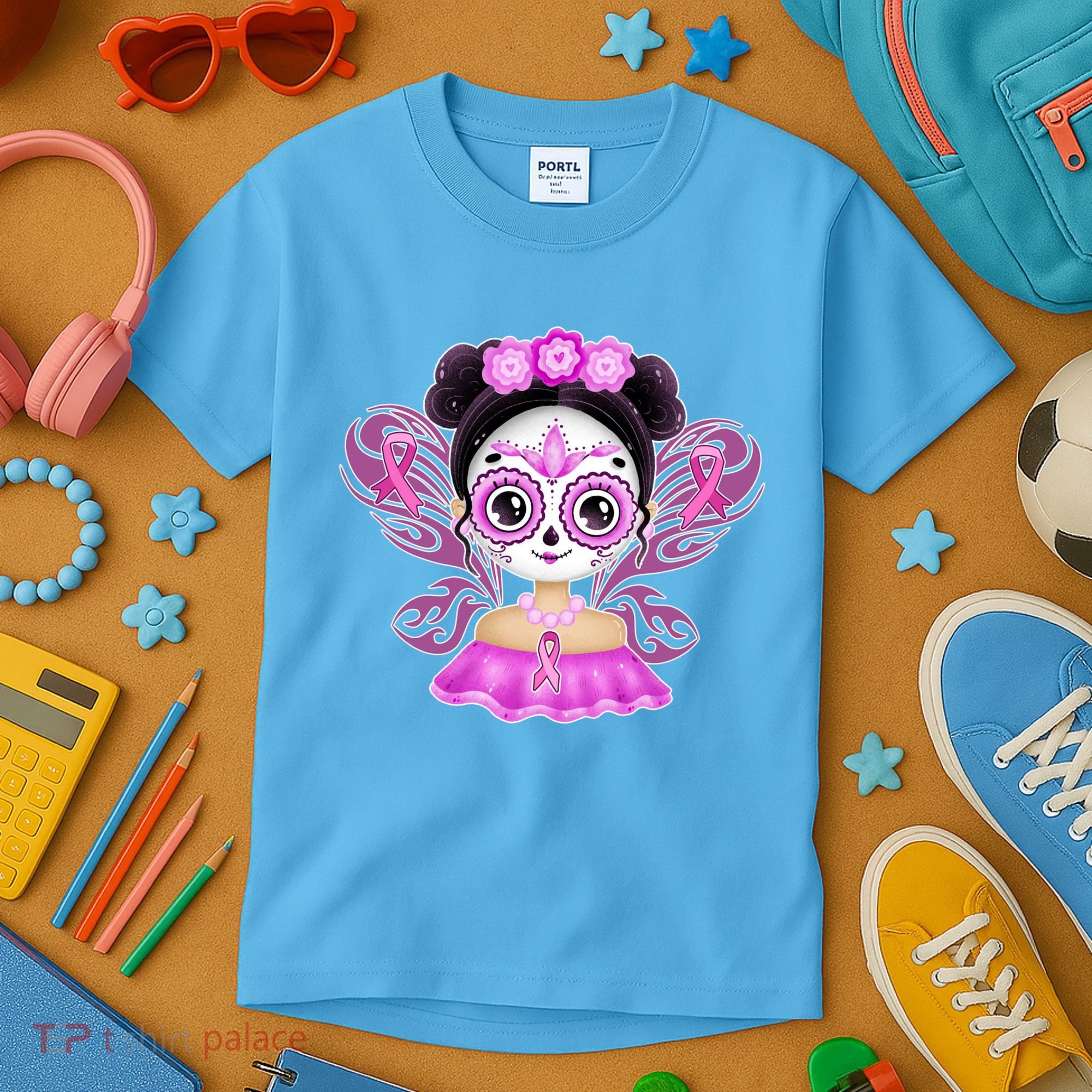 Cute Breast Cancer Awareness Sugar Skull Girl Kids T-Shirt