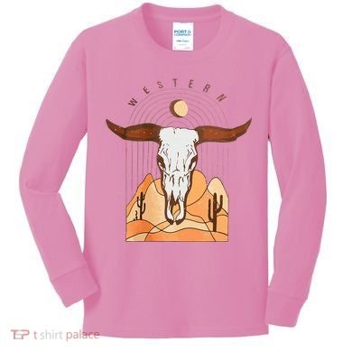 Cow Bull Cattle Skull Head Western Kids Long Sleeve Shirt