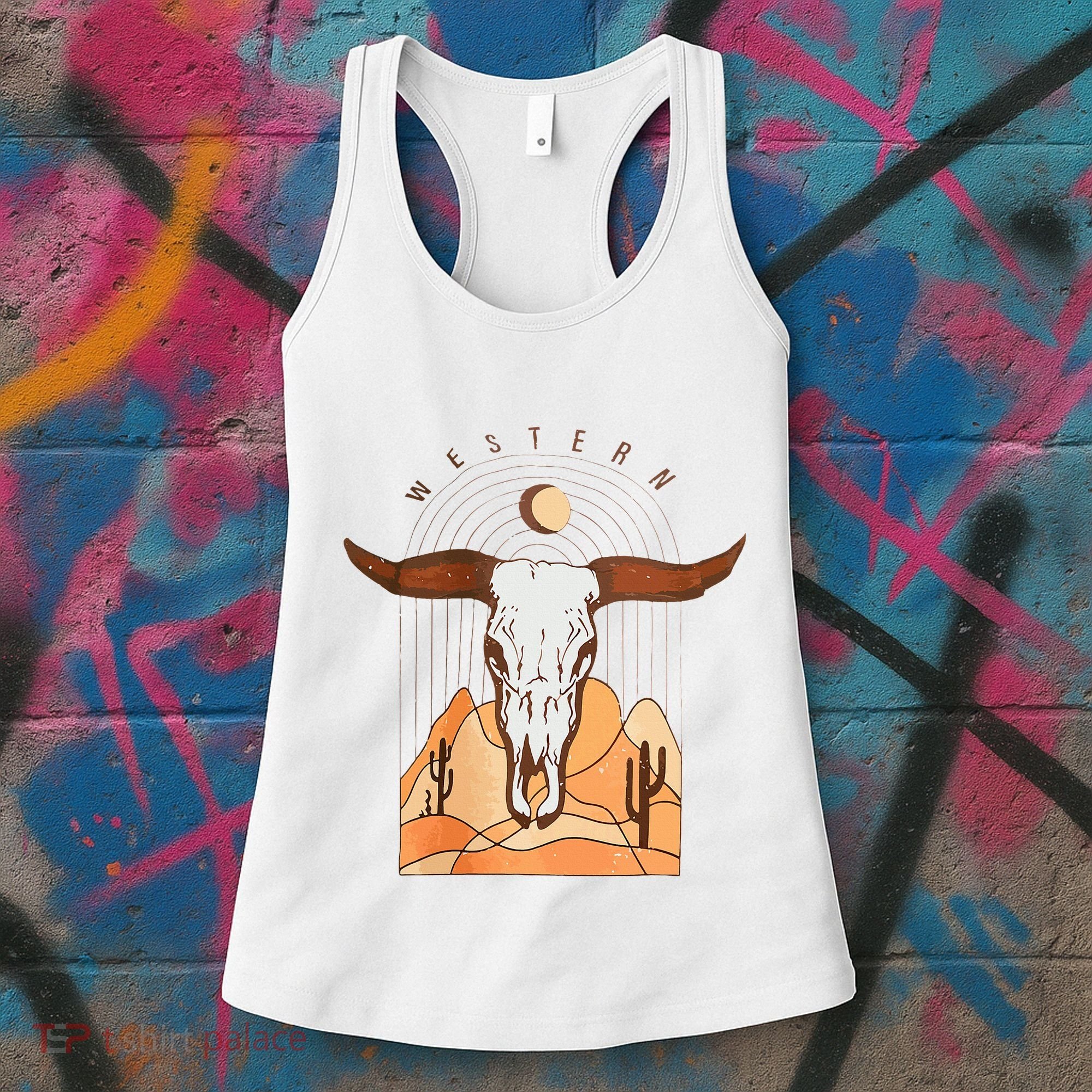 Cow Bull Cattle Skull Head Western Women's Tank Top