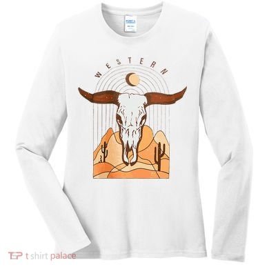 Cow Bull Cattle Skull Head Western Women's Long Sleeve Shirt