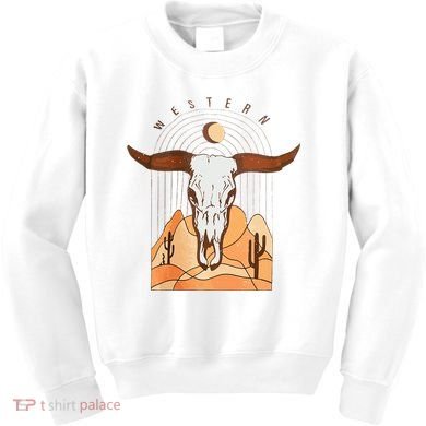 Cow Bull Cattle Skull Head Western Kids Sweatshirt
