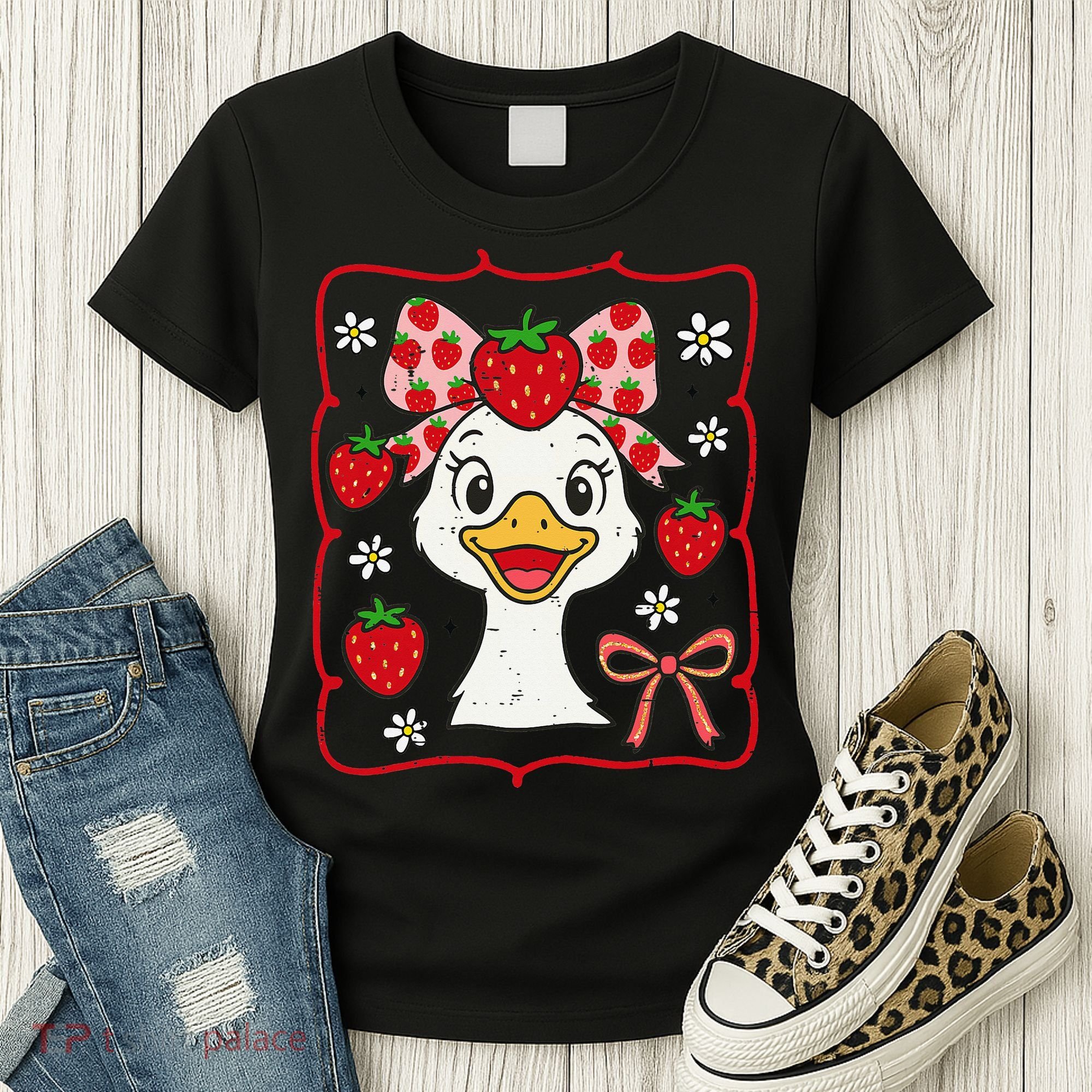 Coquette Bow Cute Strawberry Goose Lover Girly Summer Vibes Women's T-Shirt