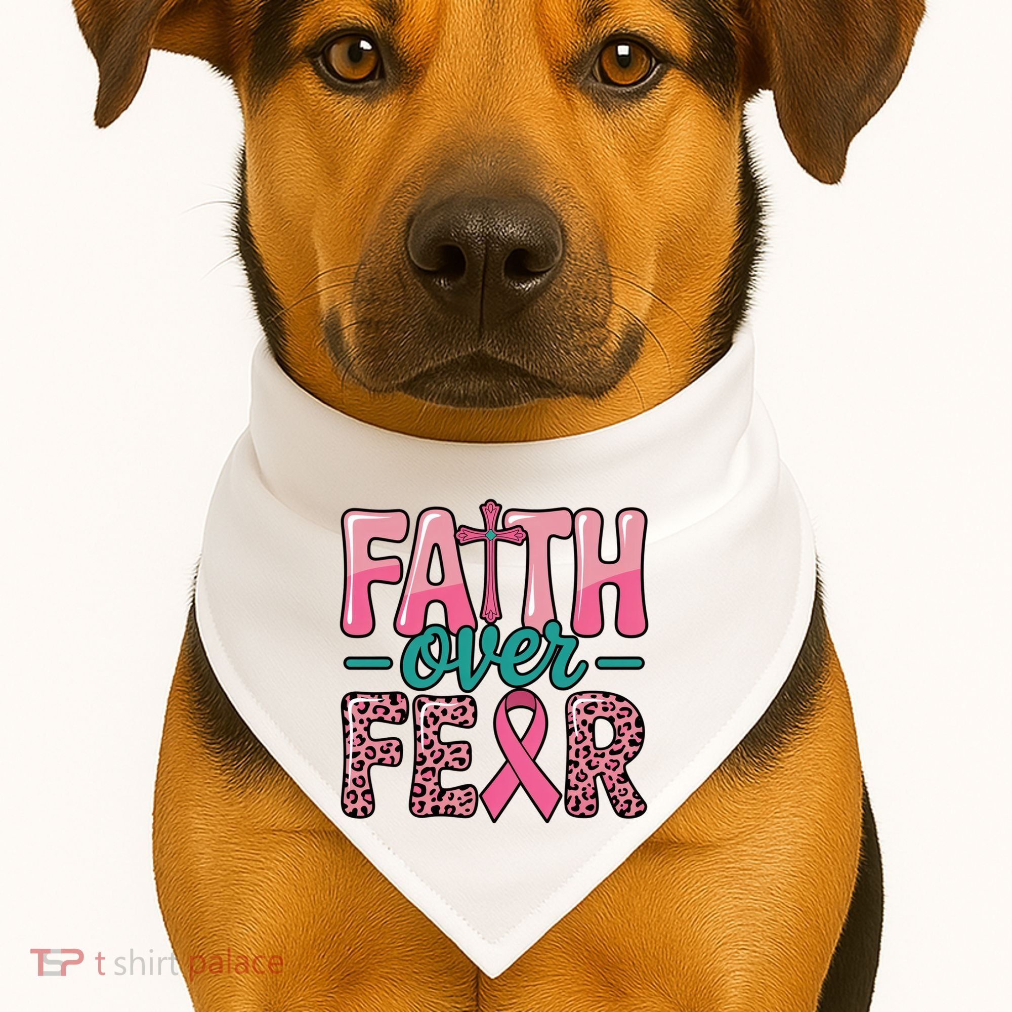 Cross Breast Cancer Faith Over Fear USA-Made Doggie Bandana