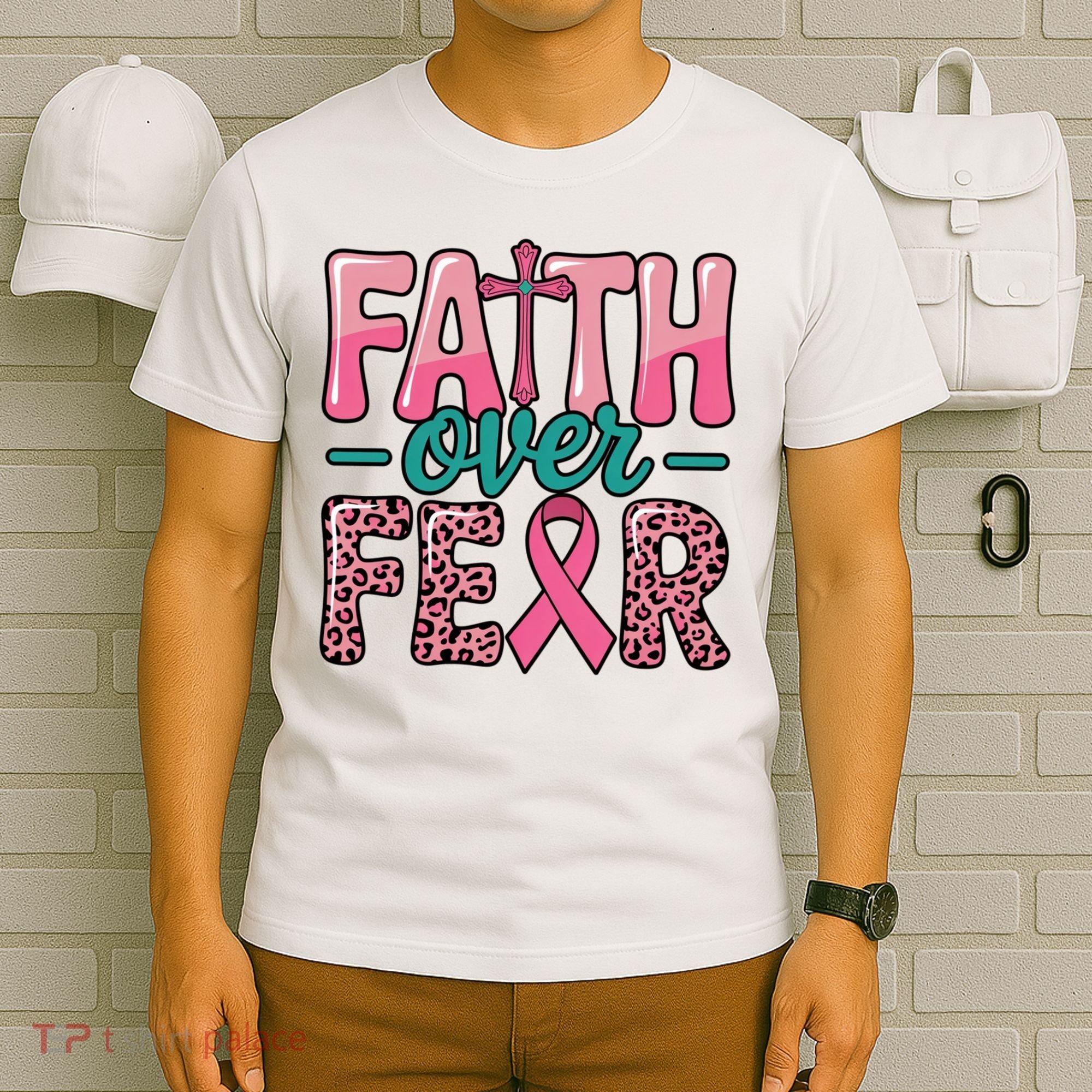 Cross Breast Cancer Faith Over Fear T-Shirt