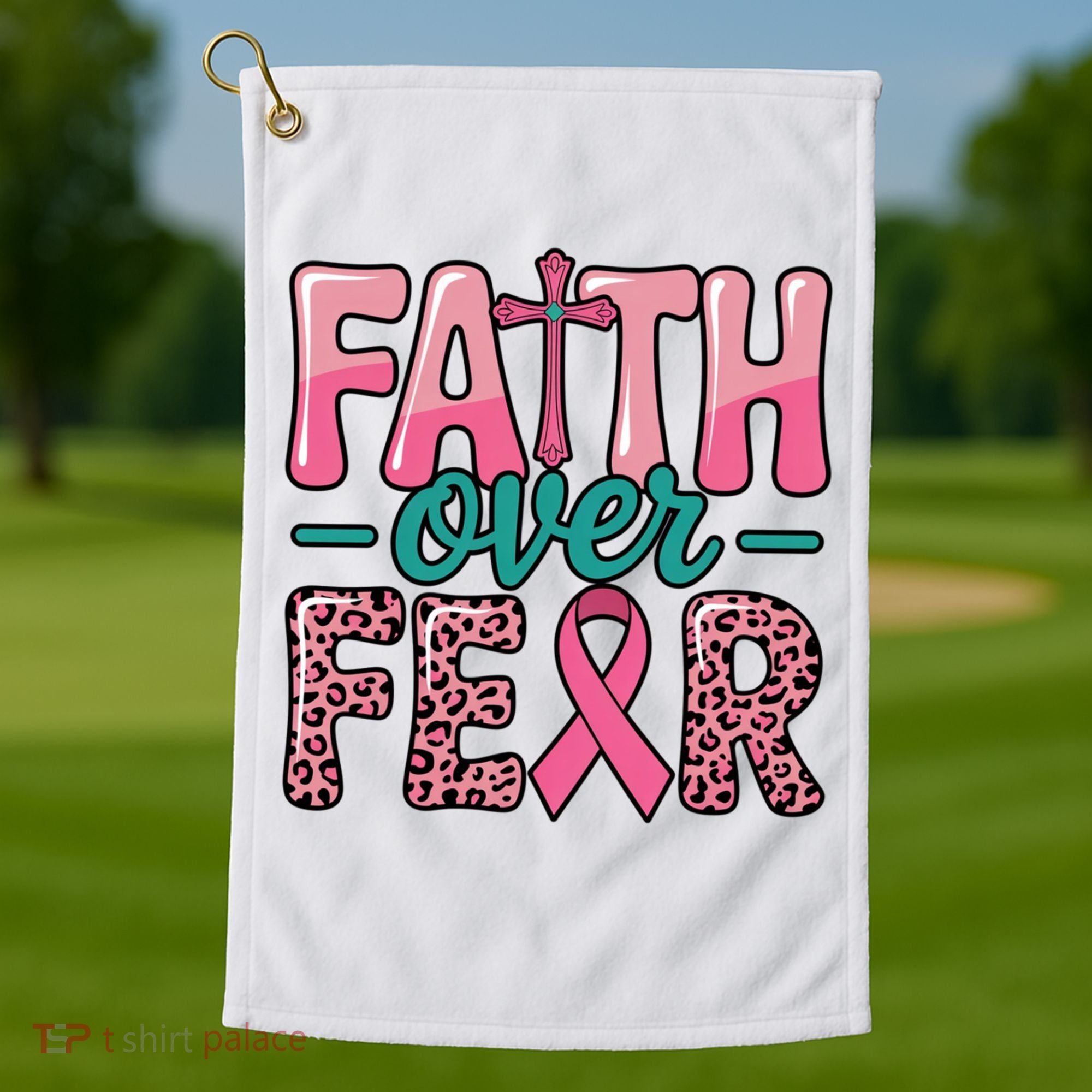 Cross Breast Cancer Faith Over Fear Golf Towel