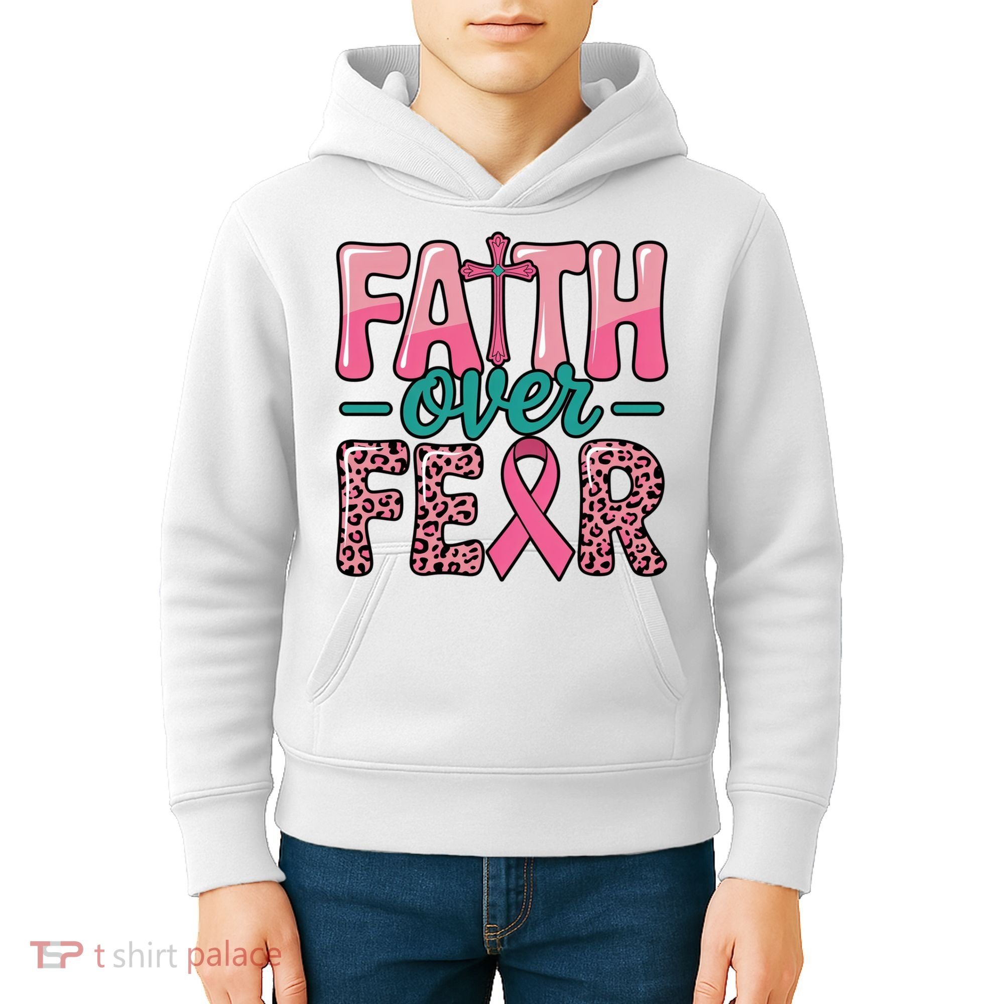 Cross Breast Cancer Faith Over Fear Kids Hoodie