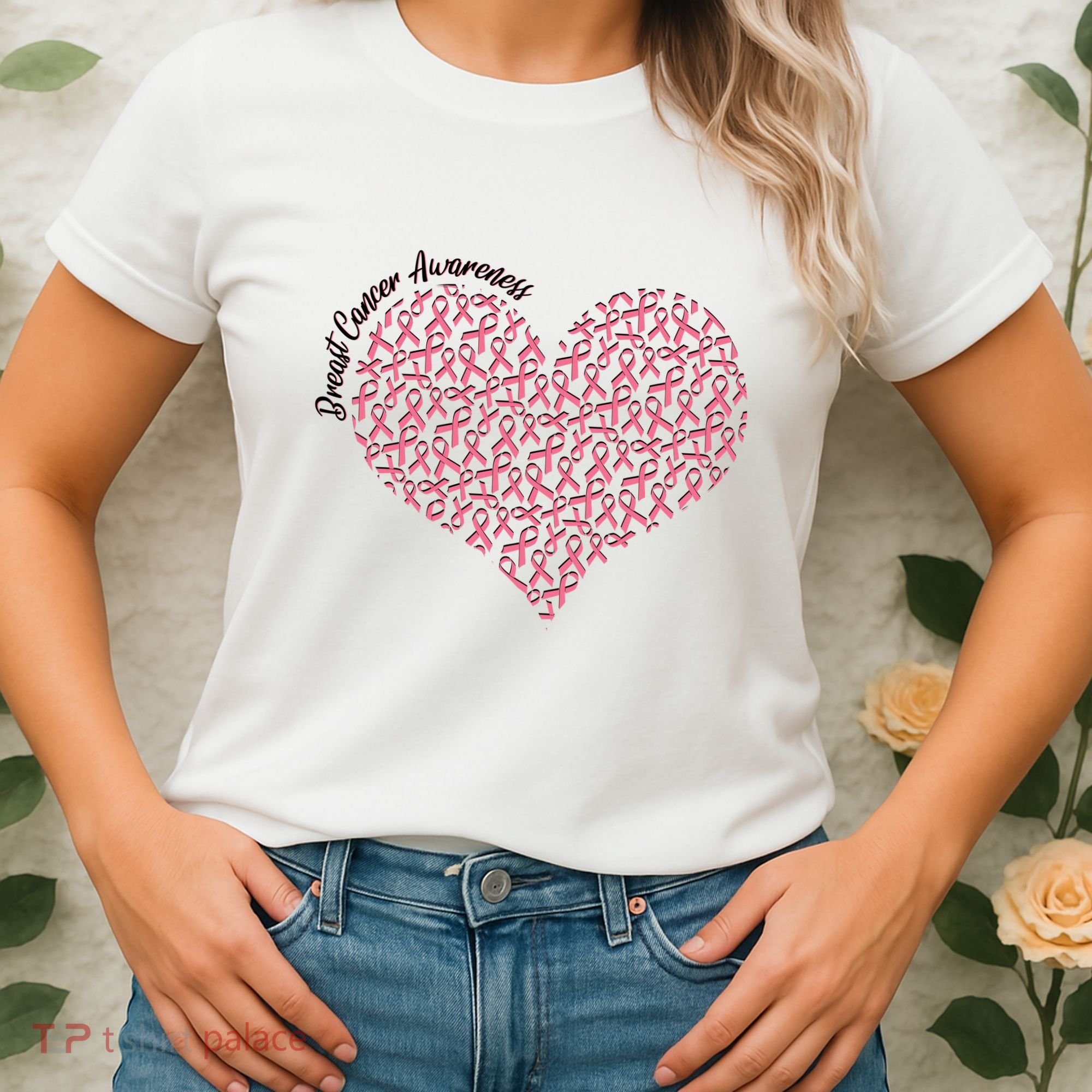 Cute Breast Cancer Awareness Ribbon Pattern Heart Women's T-Shirt