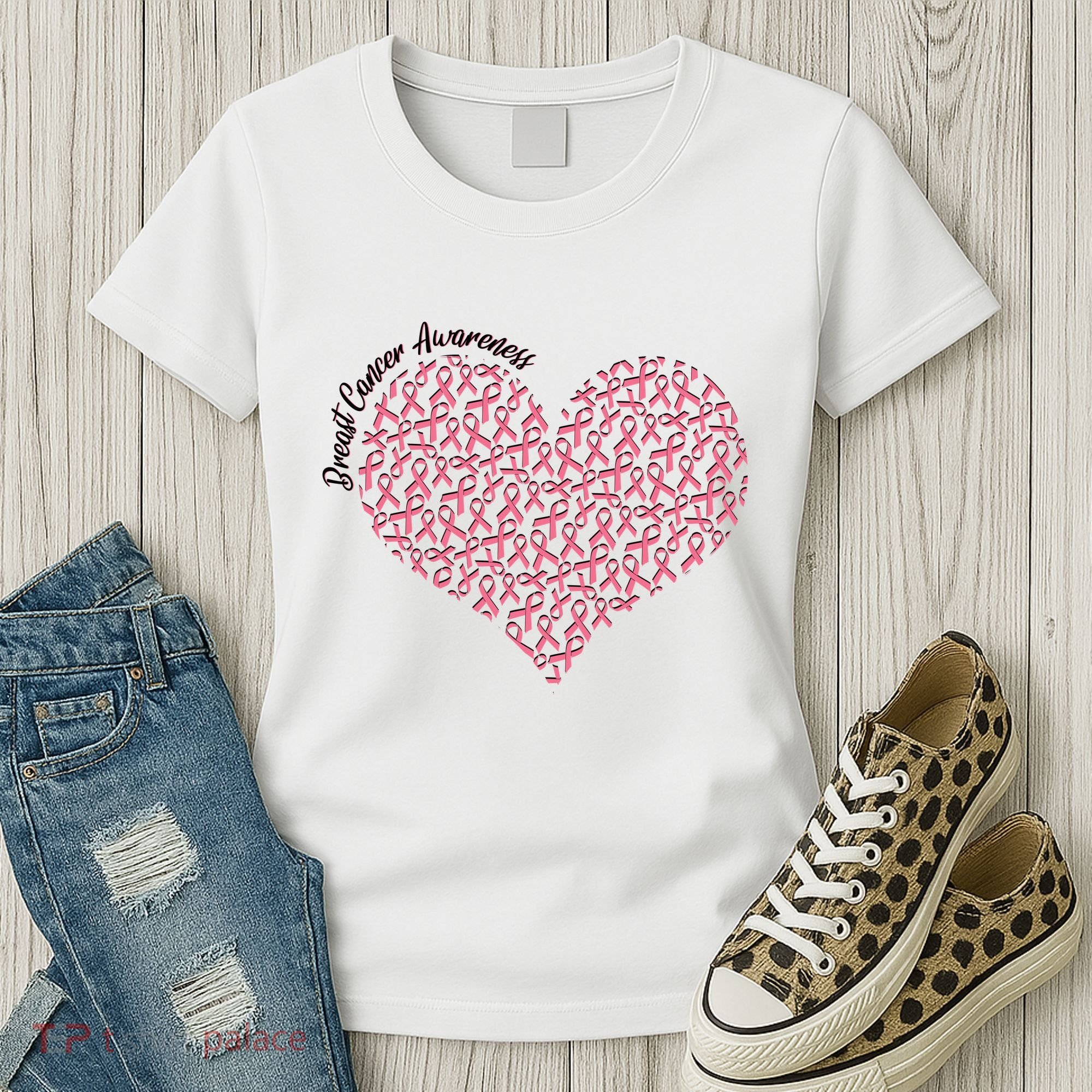 Cute Breast Cancer Awareness Ribbon Pattern Heart Women's T-Shirt