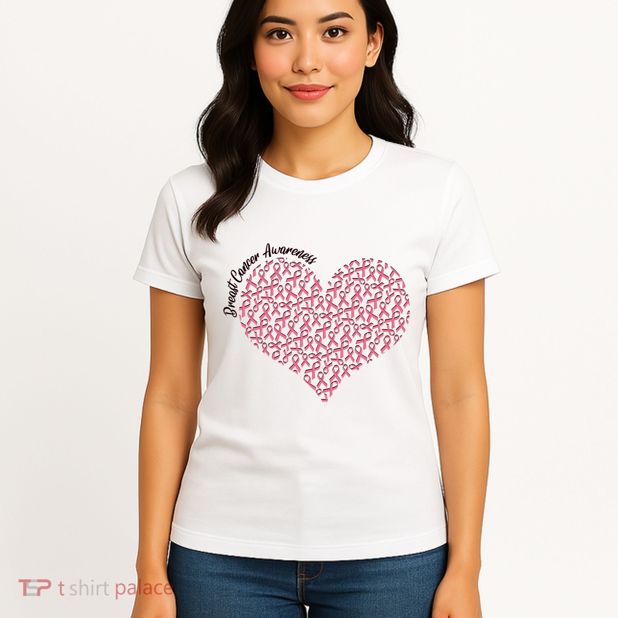 Cute Breast Cancer Awareness Ribbon Pattern Heart Women's T-Shirt