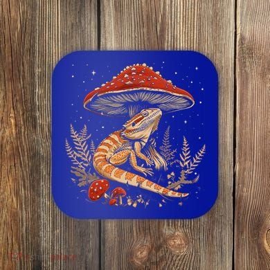 Cute Bearded Dragon Lizard Cottagecore Aesthetic Mushroom Coaster