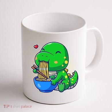 Cute Baby Dino Trex Eating Ramen Noodles Coffee Mug back