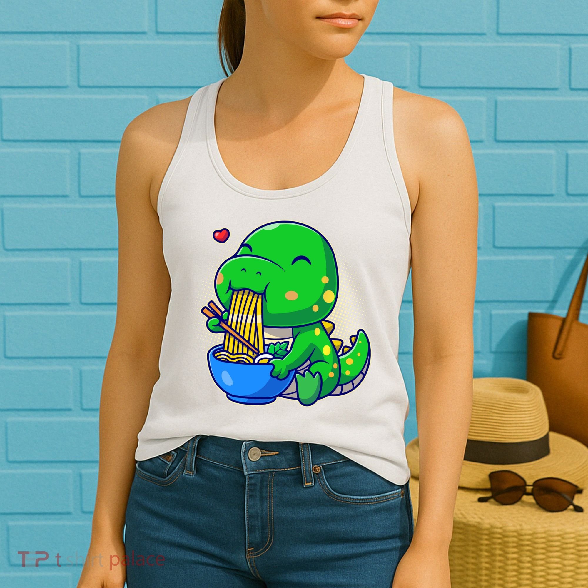 Cute Baby Dino Trex Eating Ramen Noodles Women's Tank Top