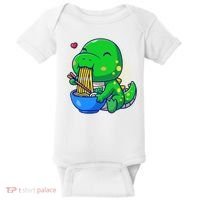 Cute Baby Dino Trex Eating Ramen Noodles Baby Bodysuit thumb 0