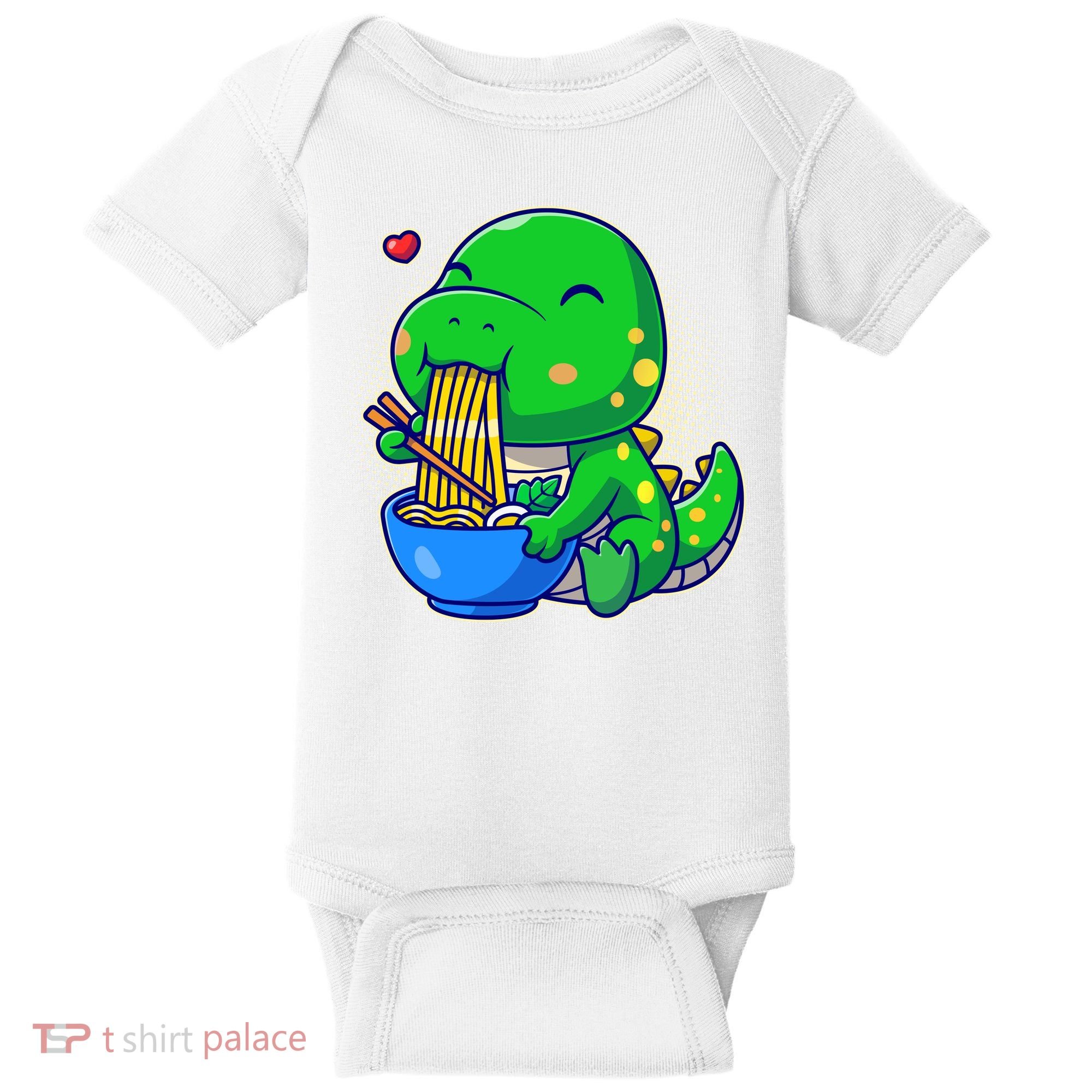 Cute Baby Dino Trex Eating Ramen Noodles Baby Bodysuit