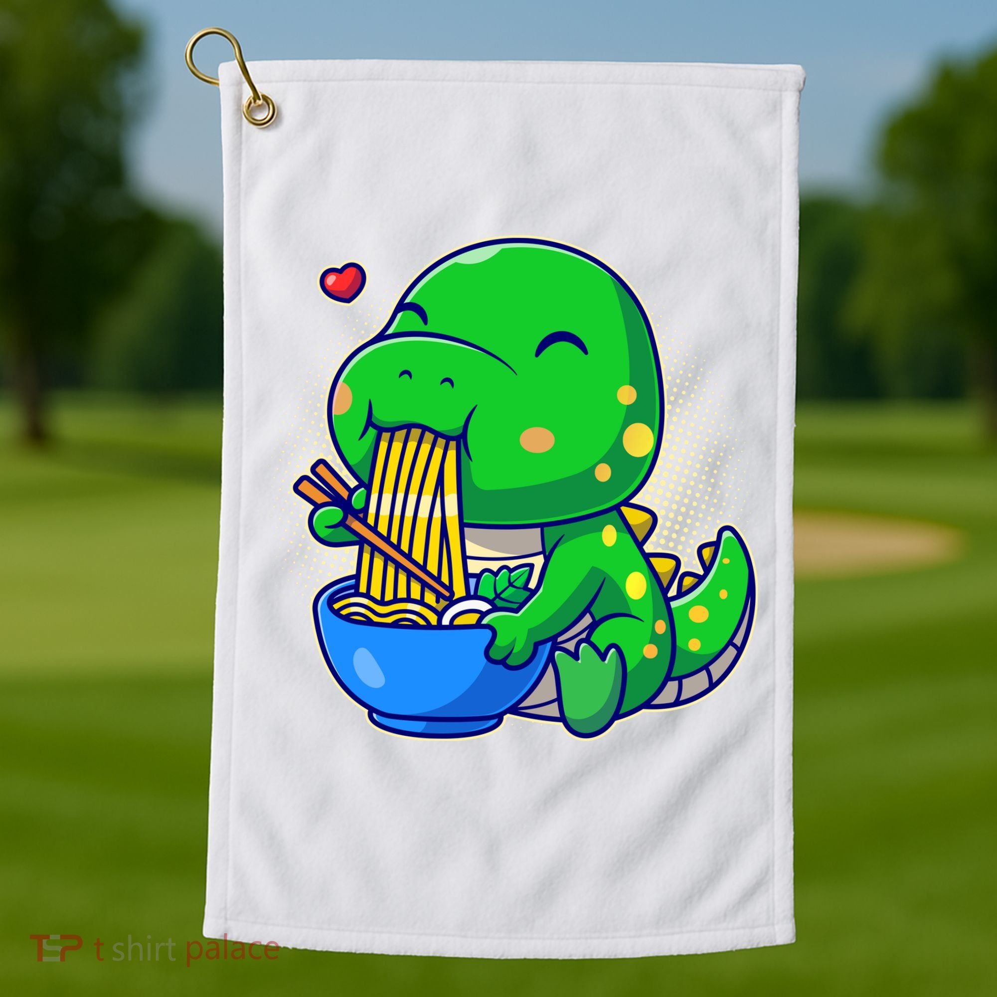 Cute Baby Dino Trex Eating Ramen Noodles Golf Towel