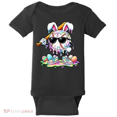 Cool Baseball Drip Bunny Rabbit Easter Baby Bodysuit