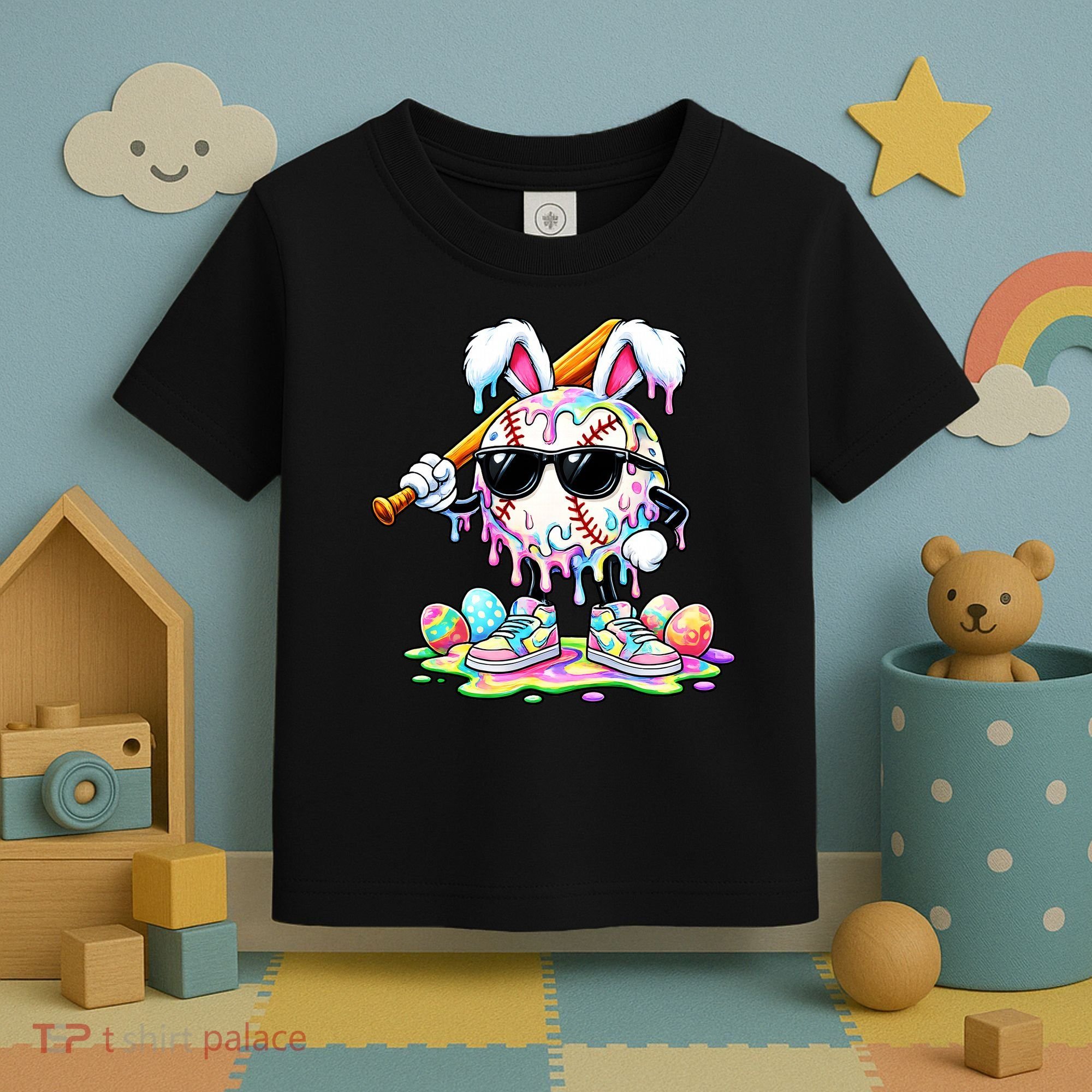 Cool Baseball Drip Bunny Rabbit Easter Toddler T-Shirt