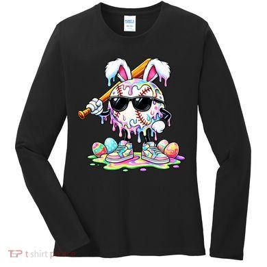 Cool Baseball Drip Bunny Rabbit Easter Women's Long Sleeve Shirt