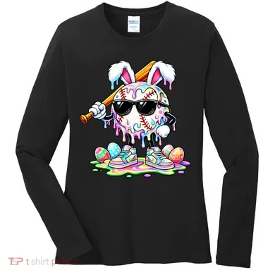 Cool Baseball Drip Bunny Rabbit Easter Women's Long Sleeve Shirt
