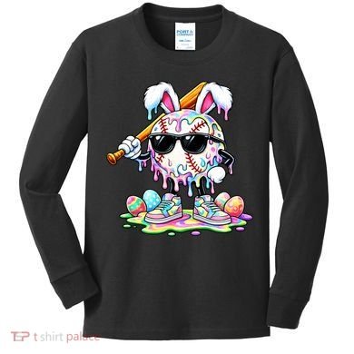 Cool Baseball Drip Bunny Rabbit Easter Kids Long Sleeve Shirt