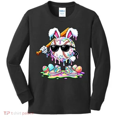 Cool Baseball Drip Bunny Rabbit Easter Kids Long Sleeve Shirt