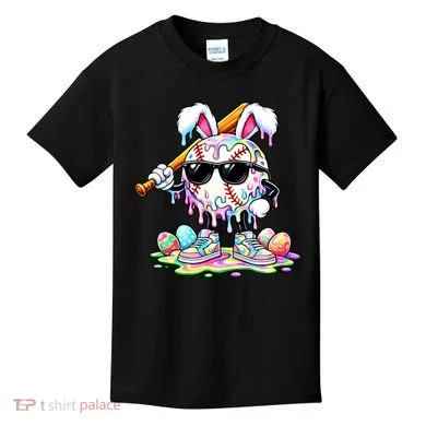 Cool Baseball Drip Bunny Rabbit Easter Kids T-Shirt