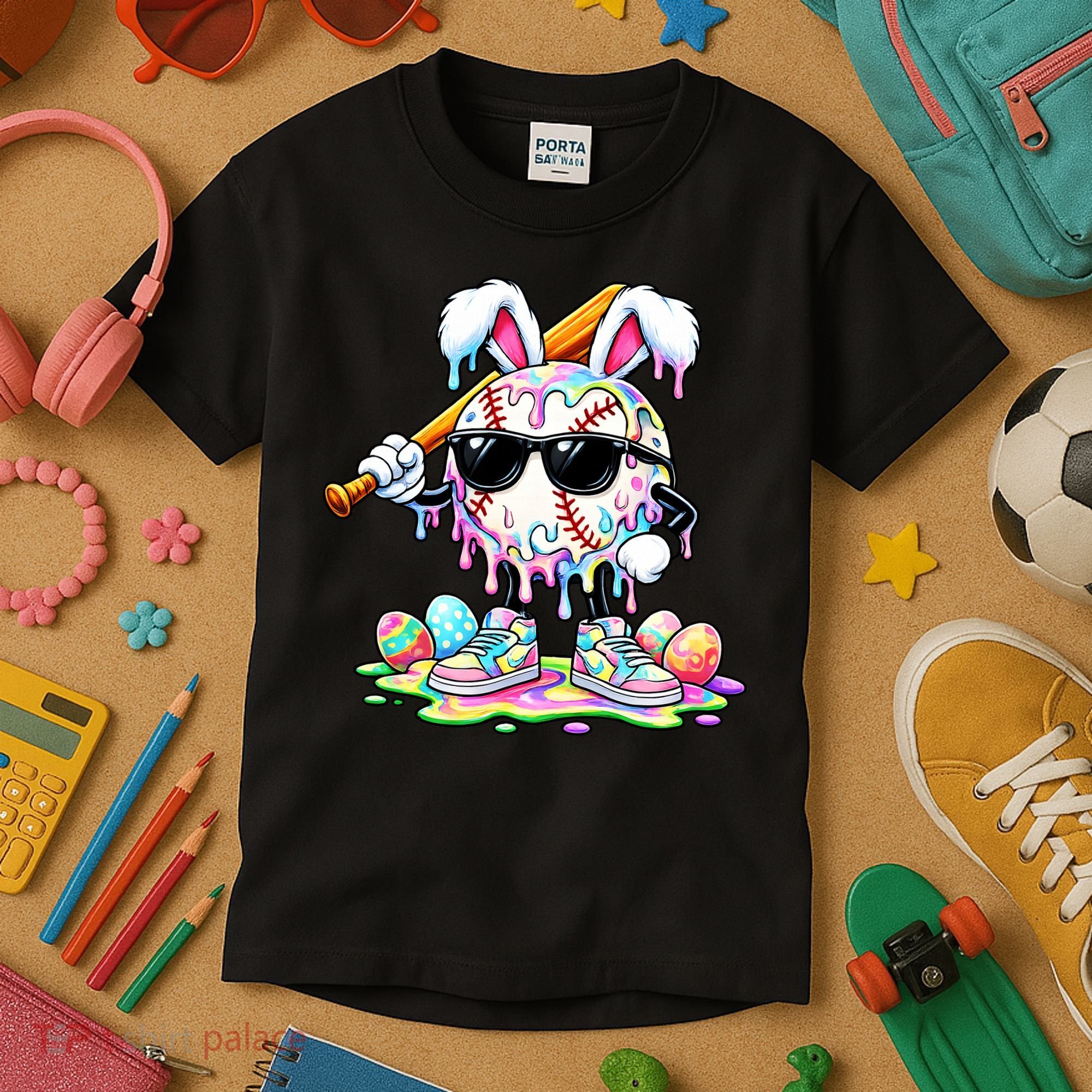 Cool Baseball Drip Bunny Rabbit Easter Kids T-Shirt