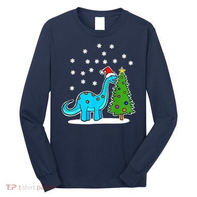 Christmas Brachiosaurus Dinosaur Eating A Christmas Tree Long Sleeve Shirt