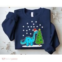 Christmas Brachiosaurus Dinosaur Eating A Christmas Tree Sweatshirt thumb 2
