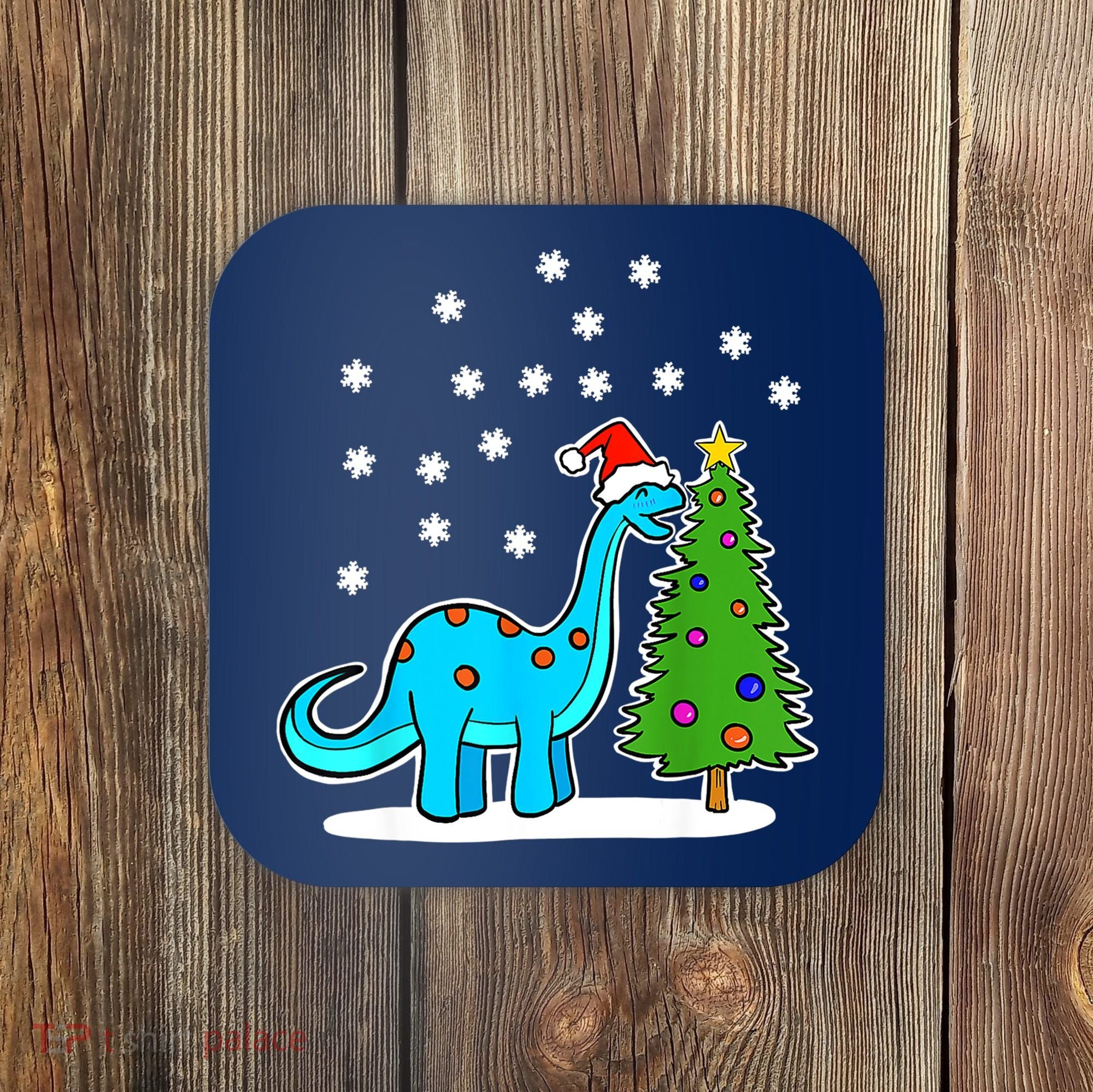 Christmas Brachiosaurus Dinosaur Eating A Christmas Tree Coaster