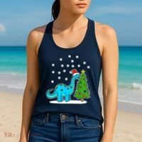 Christmas Brachiosaurus Dinosaur Eating A Christmas Tree Women's Tank Top thumb 2
