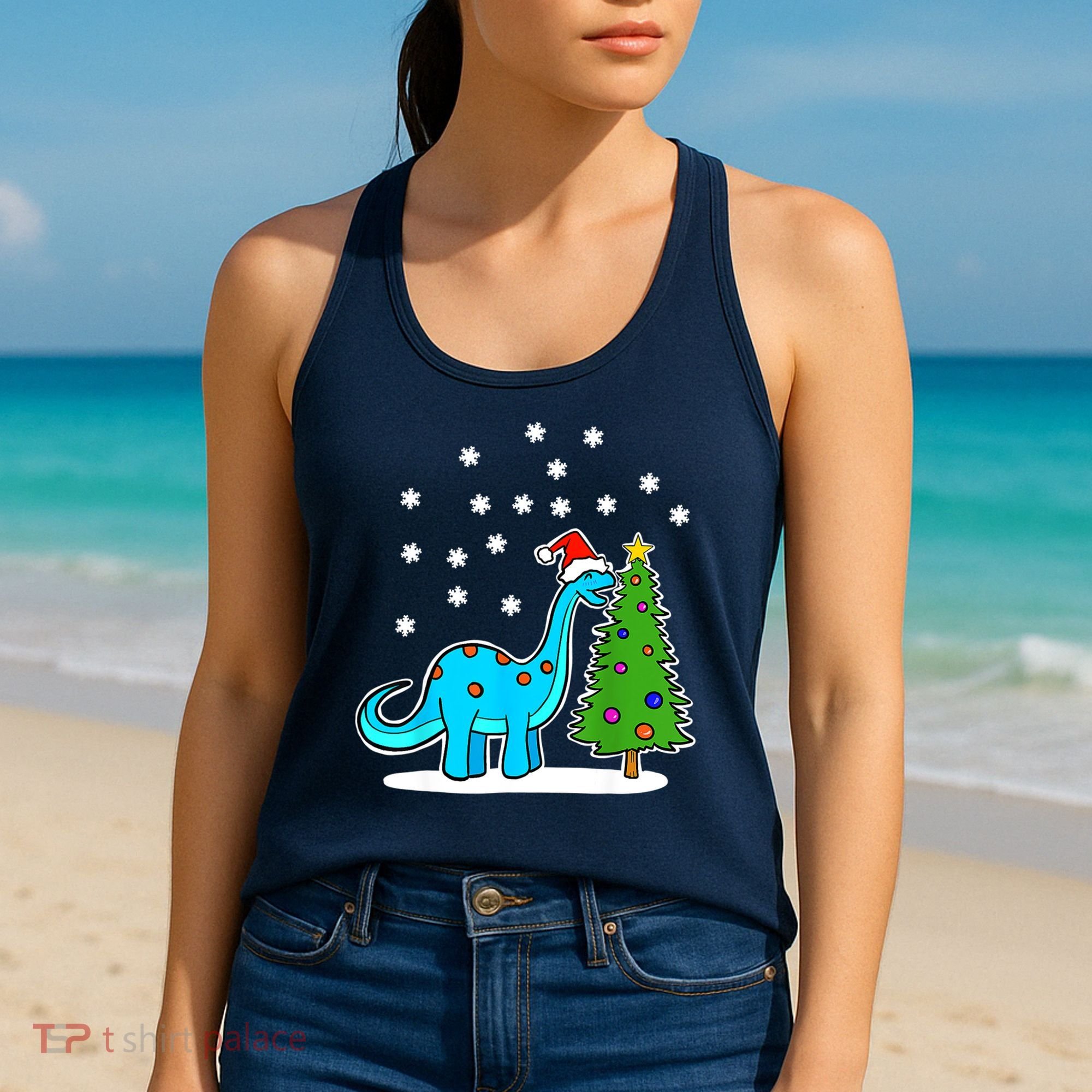 Christmas Brachiosaurus Dinosaur Eating A Christmas Tree Women's Tank Top