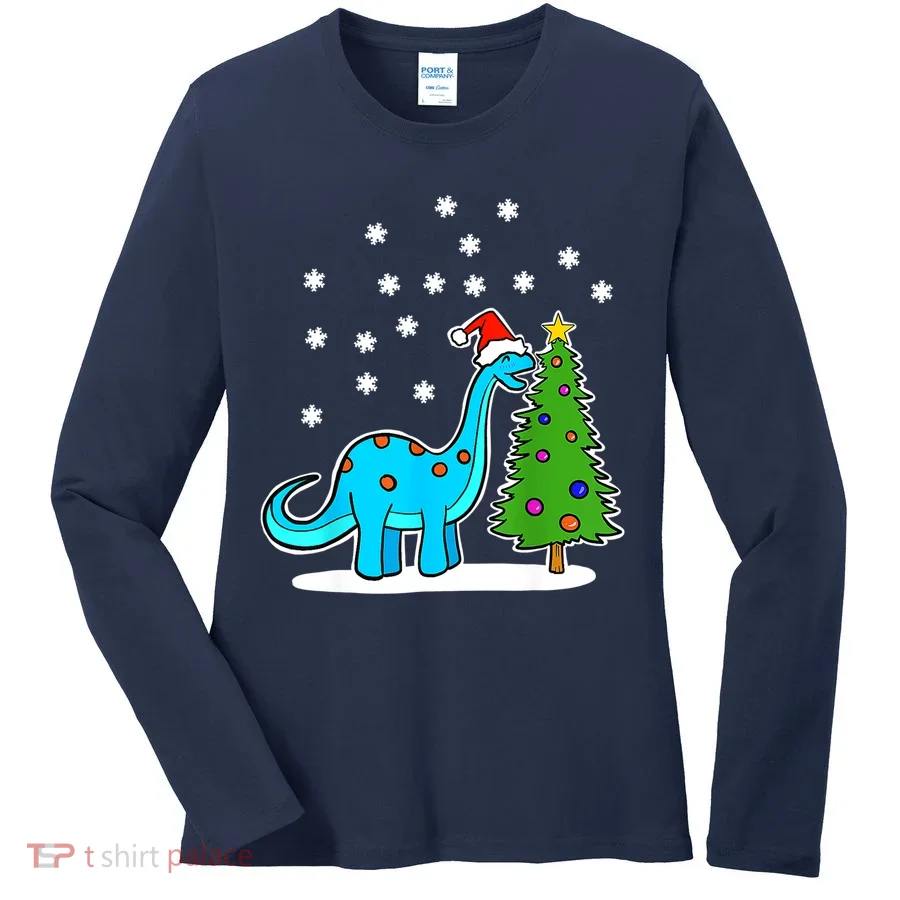 Christmas Brachiosaurus Dinosaur Eating A Christmas Tree Women's Long Sleeve Shirt