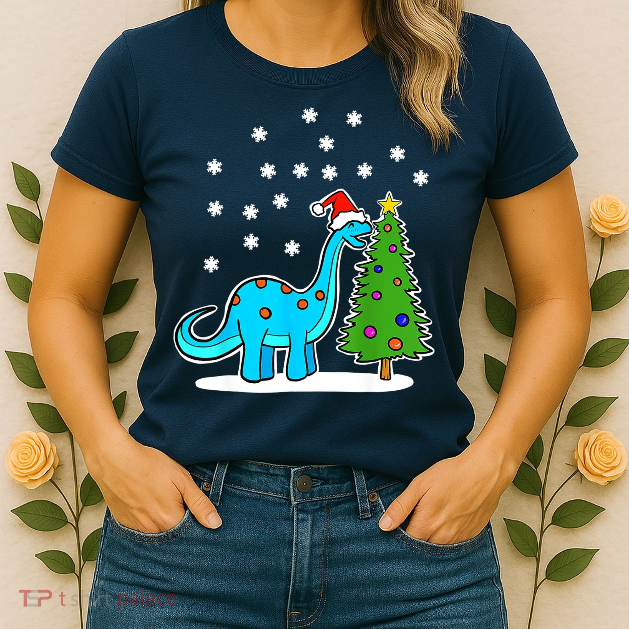 Christmas Brachiosaurus Dinosaur Eating A Christmas Tree Women's T-Shirt