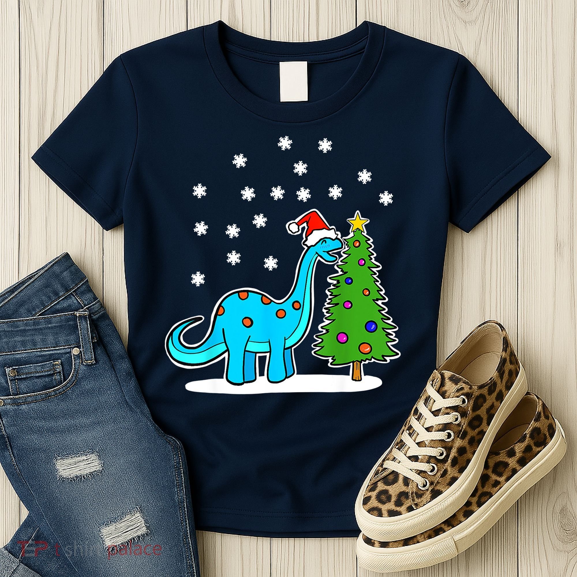 Christmas Brachiosaurus Dinosaur Eating A Christmas Tree Women's T-Shirt