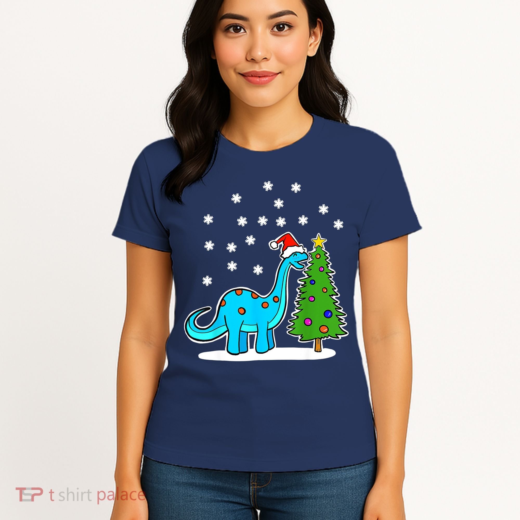 Christmas Brachiosaurus Dinosaur Eating A Christmas Tree Women's T-Shirt