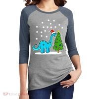 Christmas Brachiosaurus Dinosaur Eating A Christmas Tree Women's Tri-Blend 3/4-Sleeve Raglan Shirt thumb 2