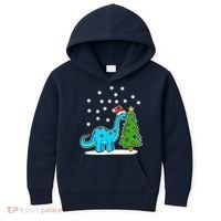 Christmas Brachiosaurus Dinosaur Eating A Christmas Tree Kids Hoodie thumb 0
